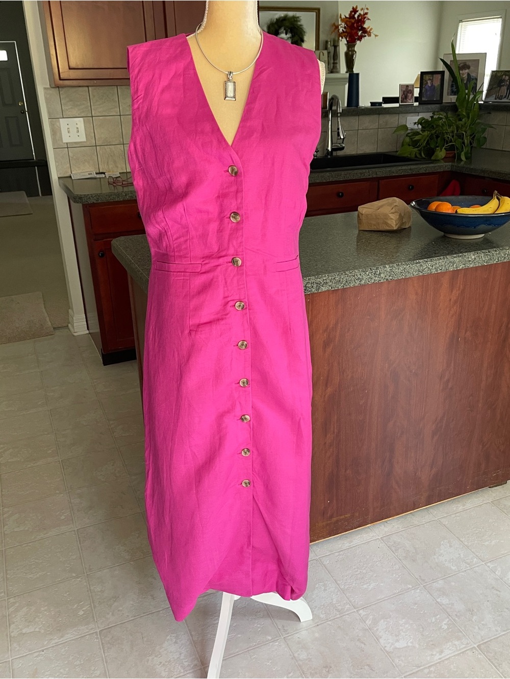 NWT Ann Taylor Fuchsia Linen Blend V-Neck Midi Dress - sz 12 - Picture 2 of 10